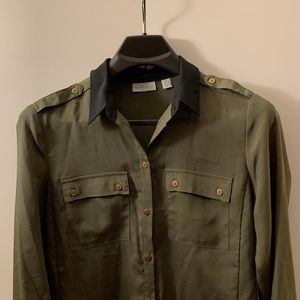 NY&Co Dark Green Button Down Blouse Black Collar and Cuffs